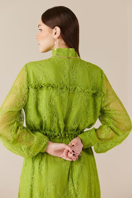 Shop Therealb Green Viscose Lace Embroidered Floral High Collar Ruffled Dress Online at Aza Fashions Shop_Therealb_Green Viscose Lace Embroidered Floral High Collar Ruffled Dress _Online_at_Aza_Fashions