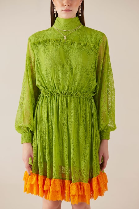 Therealb Green Viscose Lace Embroidered Floral High Collar Ruffled Dress at Aza Fashions Therealb_Green Viscose Lace Embroidered Floral High Collar Ruffled Dress _at_Aza_Fashions