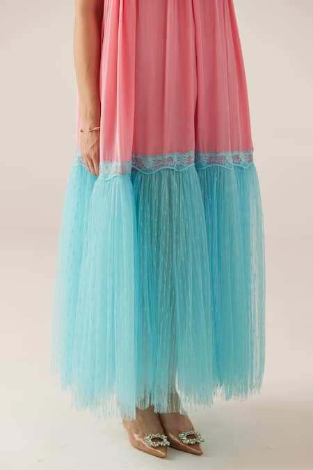 Shop Therealb Pink Viscose Lace Embroidered Floral High Collar Sleeveless Dress Online at Aza Fashions Shop_Therealb_Pink Viscose Lace Embroidered Floral High Collar Sleeveless Dress _Online_at_Aza_Fashions