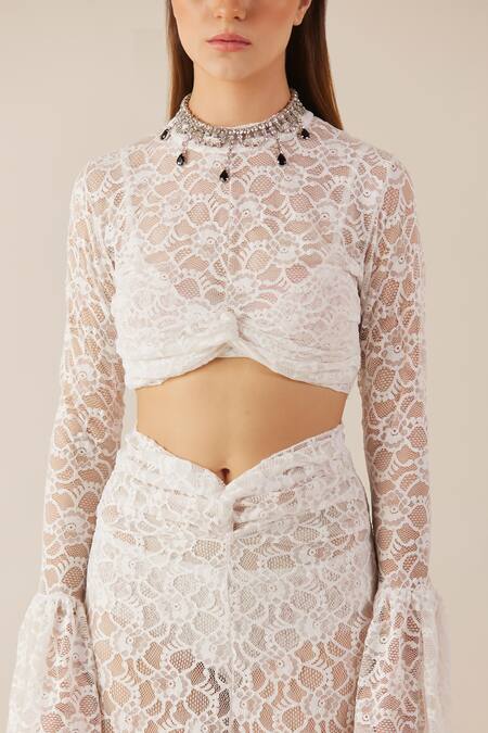 Shop Therealb White Viscose Lace Embroidered Floral High Collar Top And Skirt Set Online at Aza Fashions Shop_Therealb_White Viscose Lace Embroidered Floral High Collar Top And Skirt Set _Online_at_Aza_Fashions