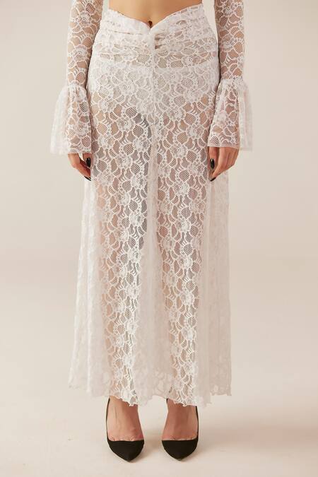 Therealb White Viscose Lace Embroidered Floral High Collar Top And Skirt Set at Aza Fashions Therealb_White Viscose Lace Embroidered Floral High Collar Top And Skirt Set _at_Aza_Fashions