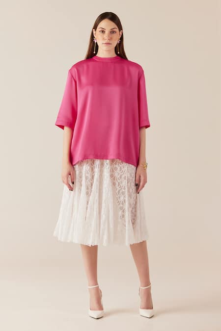 Therealb_Pink Satin Solid Round Neck Top_Online_at_Aza_Fashions