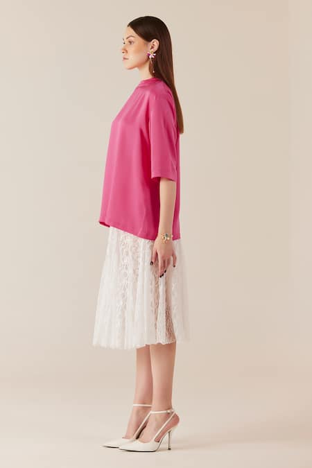 Buy_Therealb_Pink Satin Solid Round Neck Top_Online_at_Aza_Fashions