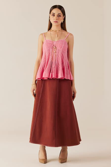 Shop Therealb Pink Viscose Lace Embroidered Floral Sweetheart Top at Aza Fashions Shop_Therealb_Pink Viscose Lace Embroidered Floral Sweetheart Top _at_Aza_Fashions