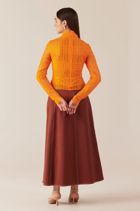 Shop Therealb Brown Denim Solid Skirt at Aza Fashions Shop_Therealb_Brown Denim Solid Skirt _at_Aza_Fashions