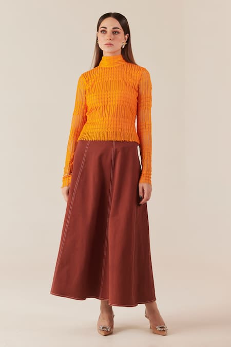 Therealb Brown Denim Solid Skirt Online at Aza Fashions Therealb_Brown Denim Solid Skirt _Online_at_Aza_Fashions