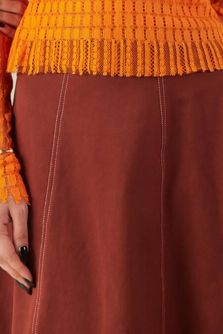 Shop Therealb Brown Denim Solid Skirt Online at Aza Fashions Shop_Therealb_Brown Denim Solid Skirt _Online_at_Aza_Fashions