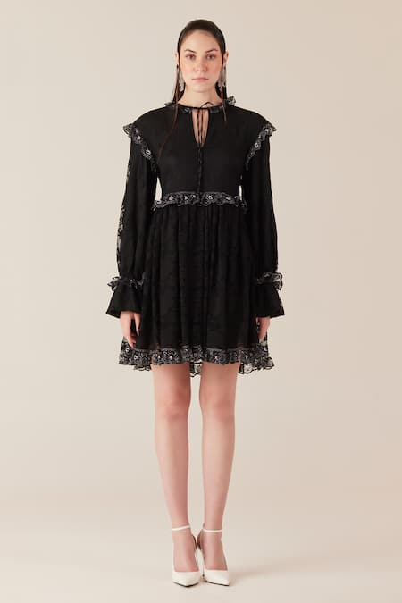 Therealb_Black Viscose Lace Embroidered Floral Tie-up Neck Work Short Dress _Online_at_Aza_Fashions