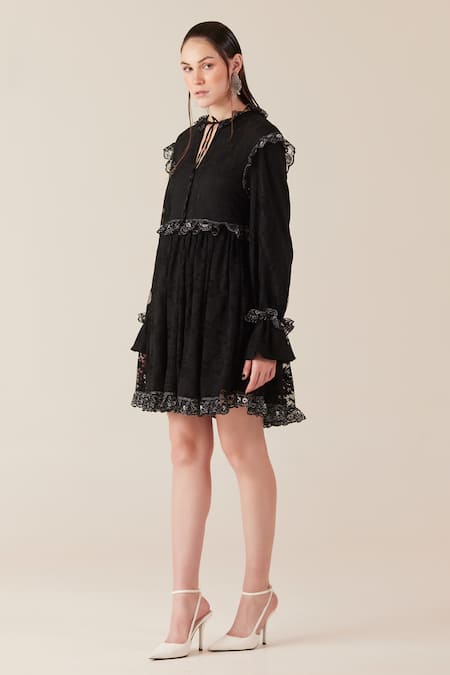 Buy_Therealb_Black Viscose Lace Embroidered Floral Tie-up Neck Work Short Dress _Online_at_Aza_Fashions