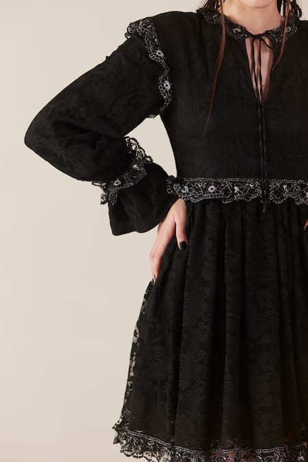 Shop_Therealb_Black Viscose Lace Embroidered Floral Tie-up Neck Work Short Dress _Online_at_Aza_Fashions