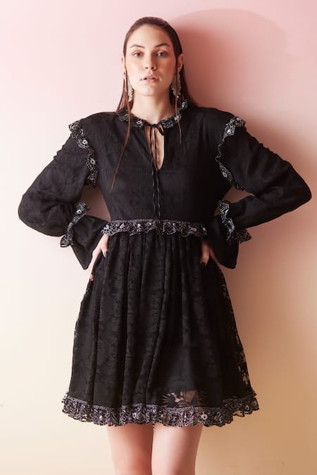 Therealb_Black Viscose Lace Embroidered Floral Tie-up Neck Work Short Dress _at_Aza_Fashions