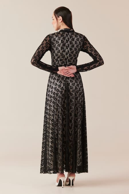 Shop Therealb Black Viscose Lace Embroidered Floral High Collar Work Maxi Dress at Aza Fashions Shop_Therealb_Black Viscose Lace Embroidered Floral High Collar Work Maxi Dress _at_Aza_Fashions