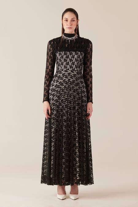 Therealb Black Viscose Lace Embroidered Floral High Collar Work Maxi Dress Online at Aza Fashions Therealb_Black Viscose Lace Embroidered Floral High Collar Work Maxi Dress _Online_at_Aza_Fashions