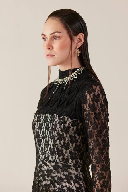 Therealb Black Viscose Lace Embroidered Floral High Collar Work Maxi Dress at Aza Fashions Therealb_Black Viscose Lace Embroidered Floral High Collar Work Maxi Dress _at_Aza_Fashions