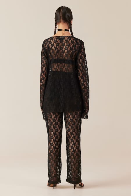 Shop Therealb Black Viscose Lace Embroidered Floral V Neck Work Top And Pant Set at Aza Fashions Shop_Therealb_Black Viscose Lace Embroidered Floral V Neck Work Top And Pant Set _at_Aza_Fashions