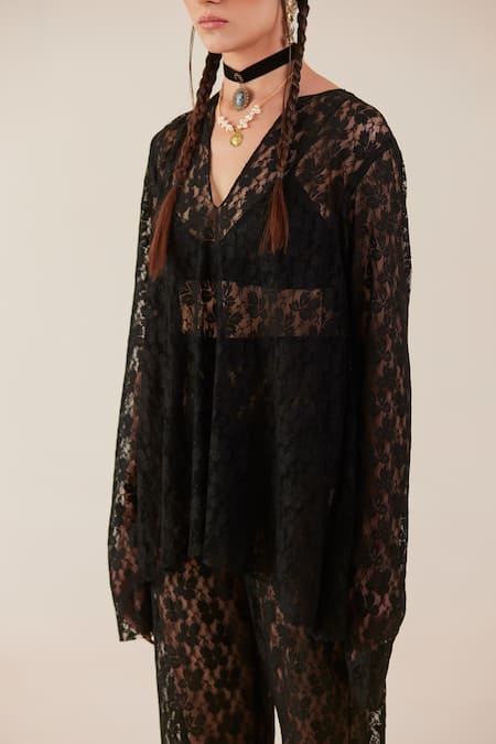 Shop Therealb Black Viscose Lace Embroidered Floral V Neck Work Top And Pant Set Online at Aza Fashions Shop_Therealb_Black Viscose Lace Embroidered Floral V Neck Work Top And Pant Set _Online_at_Aza_Fashions