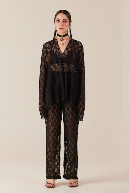 Therealb Black Viscose Lace Embroidered Floral V Neck Work Top And Pant Set at Aza Fashions Therealb_Black Viscose Lace Embroidered Floral V Neck Work Top And Pant Set _at_Aza_Fashions