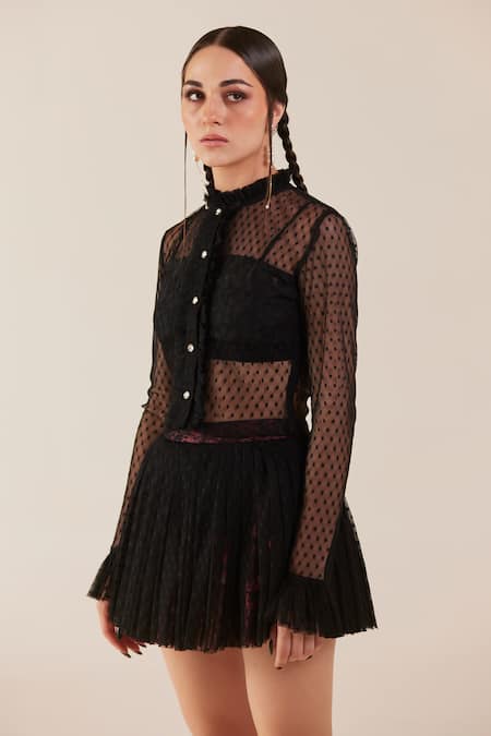 Therealb Black Viscose Lace Embroidered Polka Dots Ruffled Neck Top And Skirt Set Online at Aza Fashions Therealb_Black Viscose Lace Embroidered Polka Dots Ruffled Neck Top And Skirt Set _Online_at_Aza_Fashions