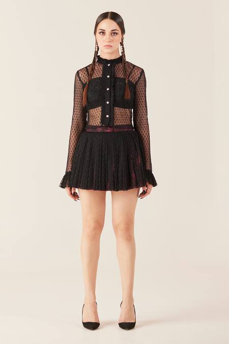 Buy Therealb Black Viscose Lace Embroidered Polka Dots Ruffled Neck Top And Skirt Set Online at Aza Fashions Buy_Therealb_Black Viscose Lace Embroidered Polka Dots Ruffled Neck Top And Skirt Set _Online_at_Aza_Fashions