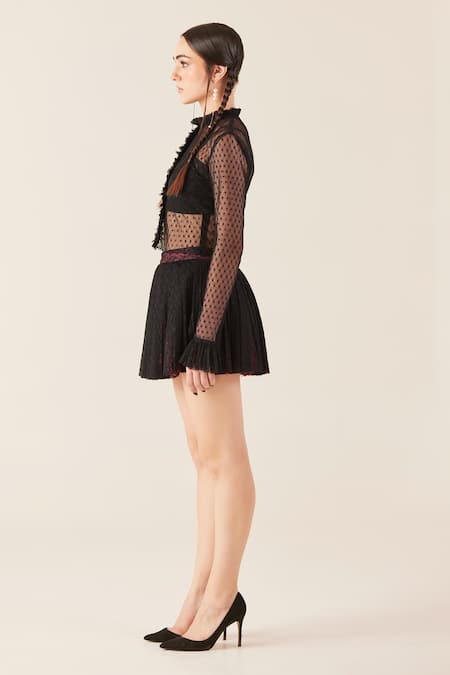 Shop Therealb Black Viscose Lace Embroidered Polka Dots Ruffled Neck Top And Skirt Set Online at Aza Fashions Shop_Therealb_Black Viscose Lace Embroidered Polka Dots Ruffled Neck Top And Skirt Set _Online_at_Aza_Fashions