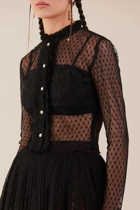 Therealb_Black Viscose Lace Embroidered Polka Dots Ruffled Neck Top _Online_at_Aza_Fashions