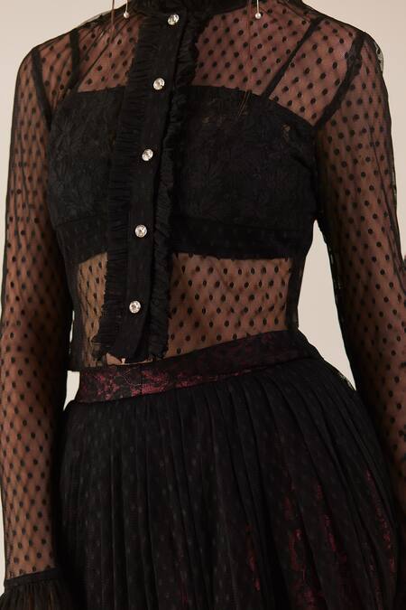Buy_Therealb_Black Viscose Lace Embroidered Polka Dots Ruffled Neck Top _Online_at_Aza_Fashions