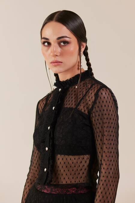 Shop_Therealb_Black Viscose Lace Embroidered Polka Dots Ruffled Neck Top _Online_at_Aza_Fashions