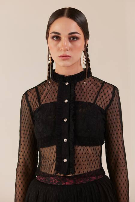 Therealb_Black Viscose Lace Embroidered Polka Dots Ruffled Neck Top _at_Aza_Fashions