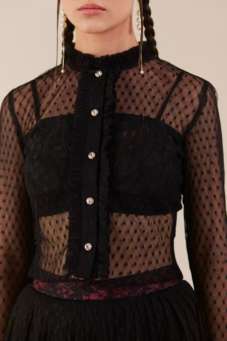 Buy_Therealb_Black Viscose Lace Embroidered Polka Dots Ruffled Neck Top 