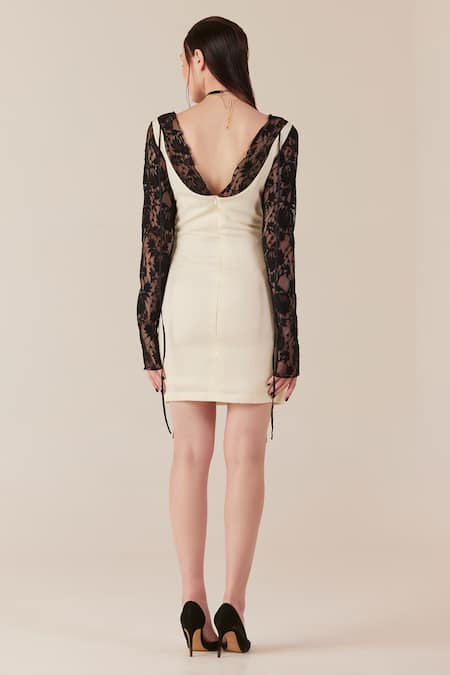 Shop Therealb Cream Viscose Lace Embroidered Floral V Neck Dress at Aza Fashions Shop_Therealb_Cream Viscose Lace Embroidered Floral V Neck Dress _at_Aza_Fashions