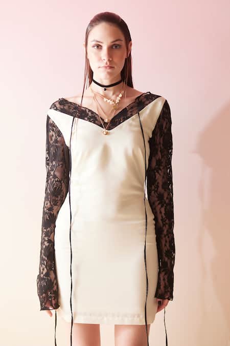 Therealb Cream Viscose Lace Embroidered Floral V Neck Dress Online at Aza Fashions Therealb_Cream Viscose Lace Embroidered Floral V Neck Dress _Online_at_Aza_Fashions