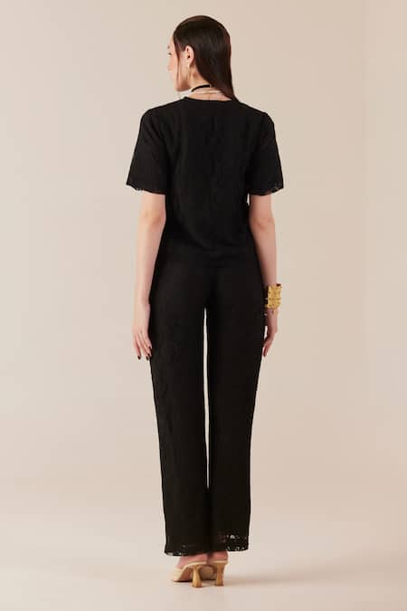 Shop Therealb Black Viscose Lace Embroidered Floral Notched Neck Top And Pant Set at Aza Fashions Shop_Therealb_Black Viscose Lace Embroidered Floral Notched Neck Top And Pant Set _at_Aza_Fashions