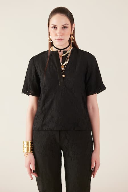 Therealb Black Viscose Lace Embroidered Floral Notched Neck Top And Pant Set Online at Aza Fashions Therealb_Black Viscose Lace Embroidered Floral Notched Neck Top And Pant Set _Online_at_Aza_Fashions