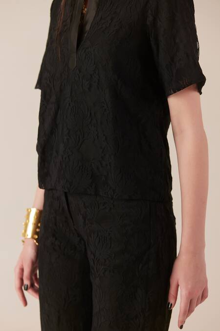 Buy Therealb Black Viscose Lace Embroidered Floral Notched Neck Top And Pant Set Online at Aza Fashions Buy_Therealb_Black Viscose Lace Embroidered Floral Notched Neck Top And Pant Set _Online_at_Aza_Fashions