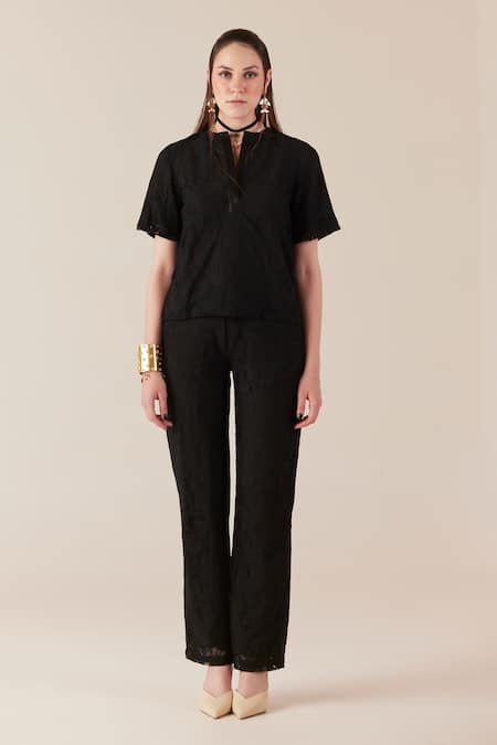 Shop Therealb Black Viscose Lace Embroidered Floral Notched Neck Top And Pant Set Online at Aza Fashions Shop_Therealb_Black Viscose Lace Embroidered Floral Notched Neck Top And Pant Set _Online_at_Aza_Fashions