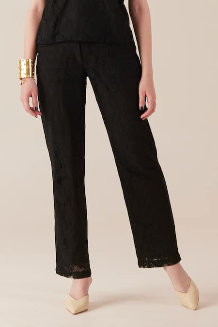 Therealb Black Viscose Lace Embroidered Floral Notched Neck Top And Pant Set at Aza Fashions Therealb_Black Viscose Lace Embroidered Floral Notched Neck Top And Pant Set _at_Aza_Fashions