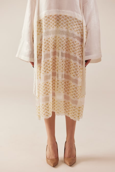 Therealb_White Viscose Lace Embroidered Floral V Neck Heart Dress _Online_at_Aza_Fashions