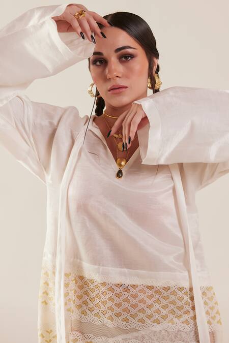 Buy_Therealb_White Viscose Lace Embroidered Floral V Neck Heart Dress _Online_at_Aza_Fashions