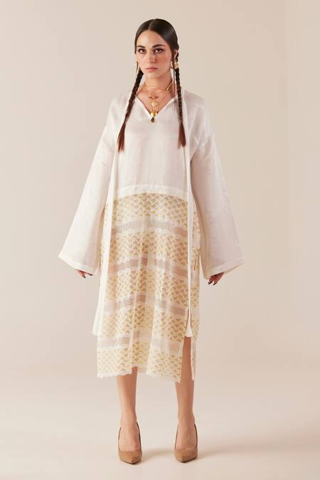 Shop_Therealb_White Viscose Lace Embroidered Floral V Neck Heart Dress _Online_at_Aza_Fashions