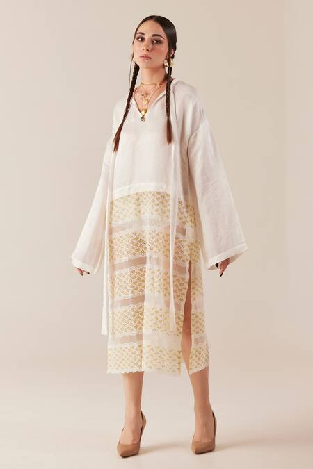 Therealb_White Viscose Lace Embroidered Floral V Neck Heart Dress _at_Aza_Fashions