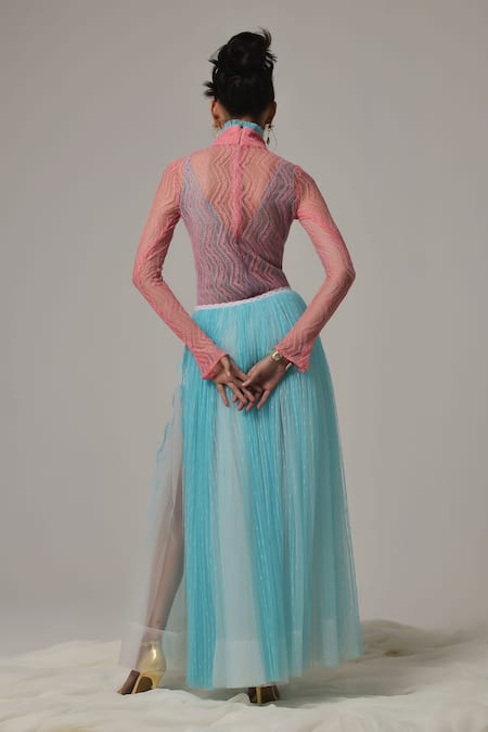 Shop Therealb Pink Viscose Lace Embroidered Chevron High Collar Top And Skirt Set at Aza Fashions Shop_Therealb_Pink Viscose Lace Embroidered Chevron High Collar Top And Skirt Set _at_Aza_Fashions