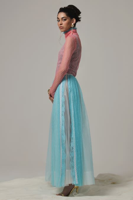 Buy Therealb Pink Viscose Lace Embroidered Chevron High Collar Top And Skirt Set Online at Aza Fashions Buy_Therealb_Pink Viscose Lace Embroidered Chevron High Collar Top And Skirt Set _Online_at_Aza_Fashions