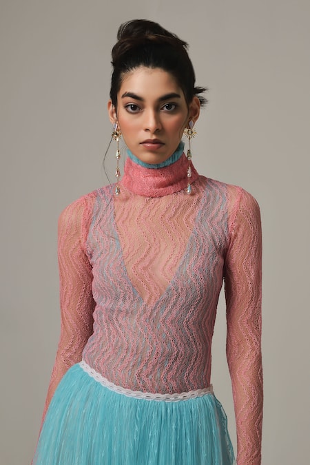 Therealb Pink Viscose Lace Embroidered Chevron High Collar Top And Skirt Set at Aza Fashions Therealb_Pink Viscose Lace Embroidered Chevron High Collar Top And Skirt Set _at_Aza_Fashions