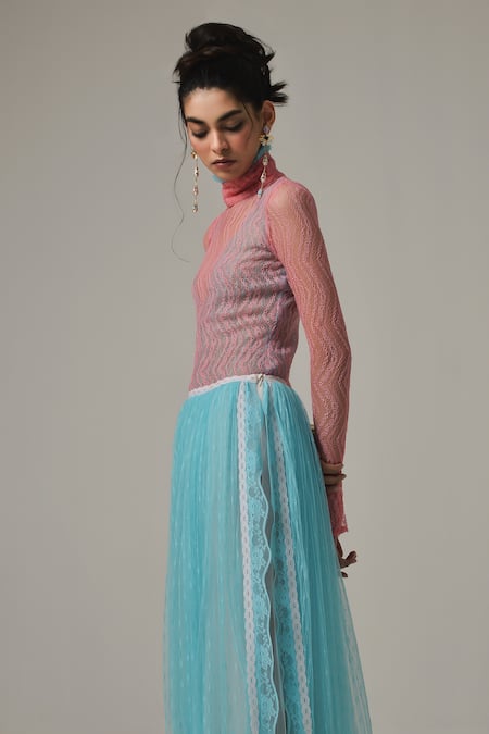 Buy Therealb Pink Viscose Lace Embroidered Chevron High Collar Top And Skirt Set Buy_Therealb_Pink Viscose Lace Embroidered Chevron High Collar Top And Skirt Set