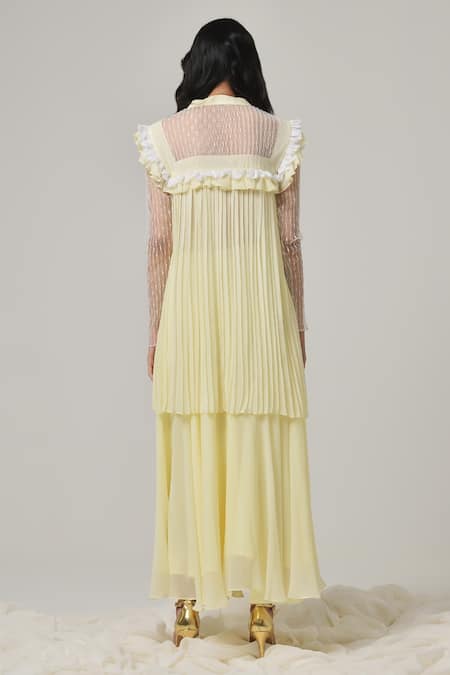 Shop Therealb Yellow Georgette Embroidered Geometric Mandarin Collar Top And Skirt Set at Aza Fashions Shop_Therealb_Yellow Georgette Embroidered Geometric Mandarin Collar Top And Skirt Set _at_Aza_Fashions