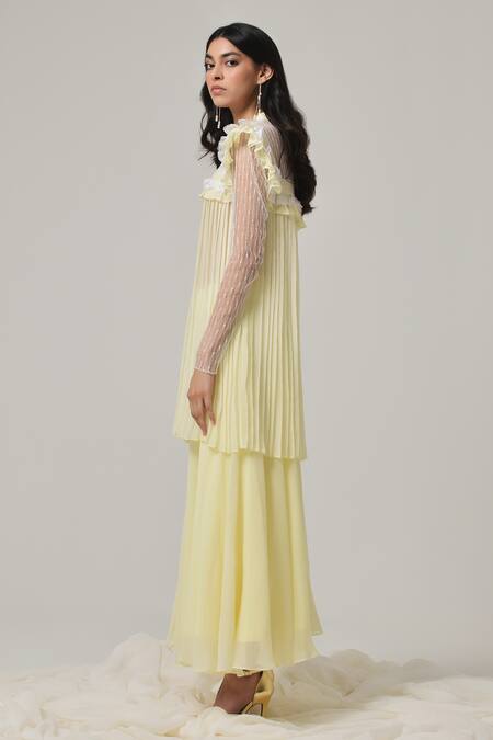 Buy Therealb Yellow Georgette Embroidered Geometric Mandarin Collar Top And Skirt Set Buy_Therealb_Yellow Georgette Embroidered Geometric Mandarin Collar Top And Skirt Set