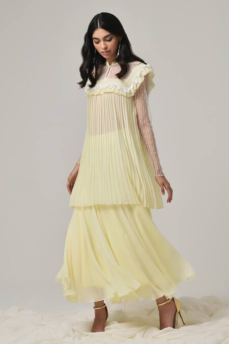 Shop Therealb Yellow Georgette Embroidered Geometric Mandarin Collar Top And Skirt Set Shop_Therealb_Yellow Georgette Embroidered Geometric Mandarin Collar Top And Skirt Set