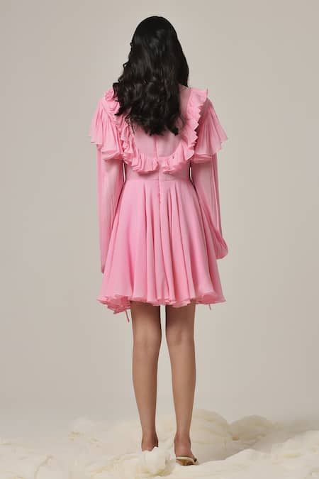 Shop Therealb Pink Georgette Solid High Collar Ruffle Double-layered Dress at Aza Fashions Shop_Therealb_Pink Georgette Solid High Collar Ruffle Double-layered Dress _at_Aza_Fashions