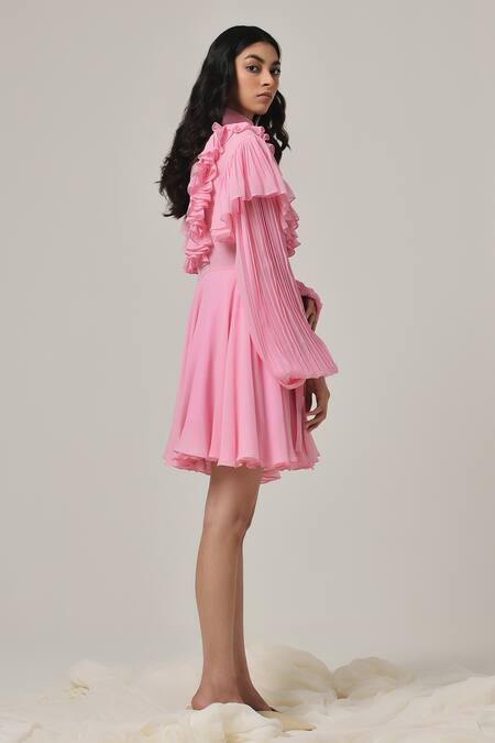 Therealb Pink Georgette Solid High Collar Ruffle Double-layered Dress Online at Aza Fashions Therealb_Pink Georgette Solid High Collar Ruffle Double-layered Dress _Online_at_Aza_Fashions