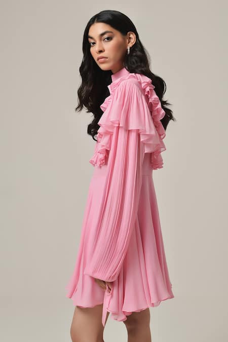 Therealb Pink Georgette Solid High Collar Ruffle Double-layered Dress at Aza Fashions Therealb_Pink Georgette Solid High Collar Ruffle Double-layered Dress _at_Aza_Fashions